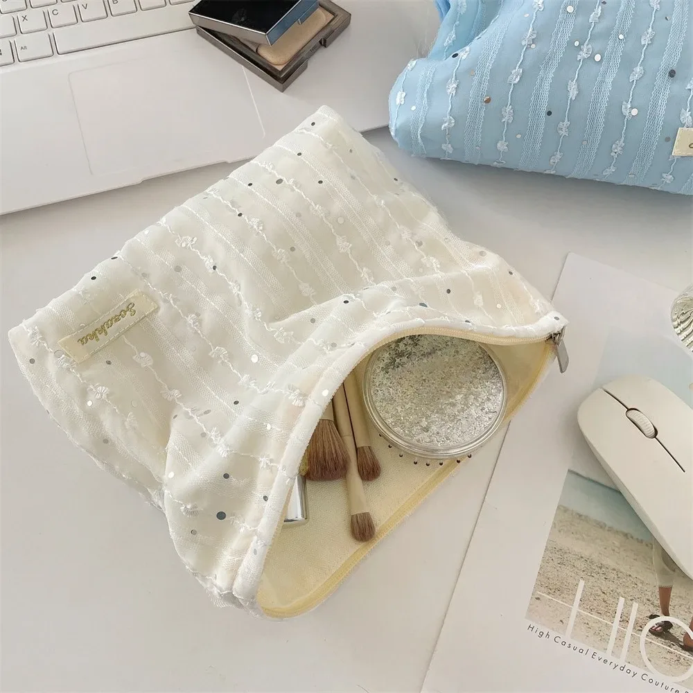sac à cosmétiques à paillettes rayées en dentelle, trousse de toilette de voyage portable, organisateur de cosmétiques de lavage, sac de rangement de maquillage