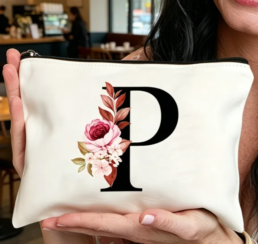 sac à fermeture éclair élégant avec motif de lettres et de fleurs, trousse de maquillage polyvalente, trousse à cosmétiques légère pour femmes a-z, 1 pièce