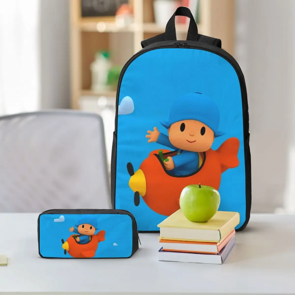 sac à dos bleu pocoyo pour enfants, sac à livres pour étudiants, sac d'école, sacs à bandoulière pour ordinateur, 3 pièces, sac à déjeuner isotherme, trousse à crayons