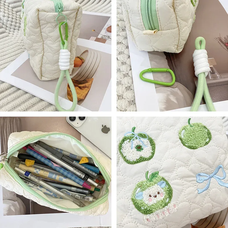 sac à cosmétiques de courtepointe simple pour femmes, broderie de dessin animé mignon, sacs de rangement de lavage de voyage pour femmes, grand étui à crayons pour étudiants mignons