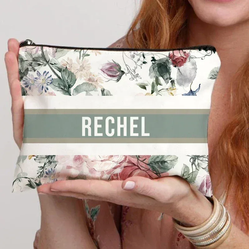 organisateur de cosmétiques de voyage avec nom personnalisé, pochette de rangement pour fournitures de bureau pour femmes, sac de maquillage en toile cadeau personnalisé, trousse à crayons