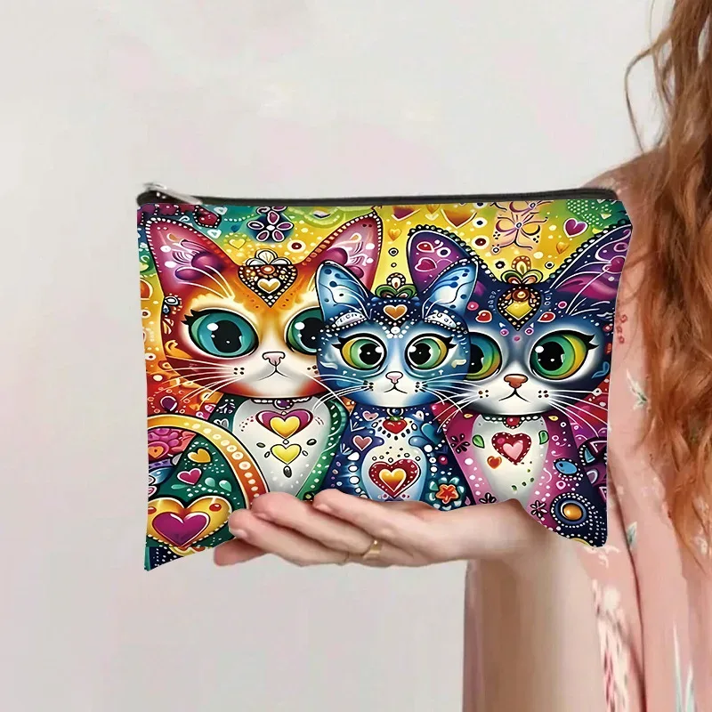 trousse de maquillage rétro chat, pochette de rangement de cosmétiques en toile de grande capacité, trousse de toilette portative avec fermeture éclair pour organisateur personnel