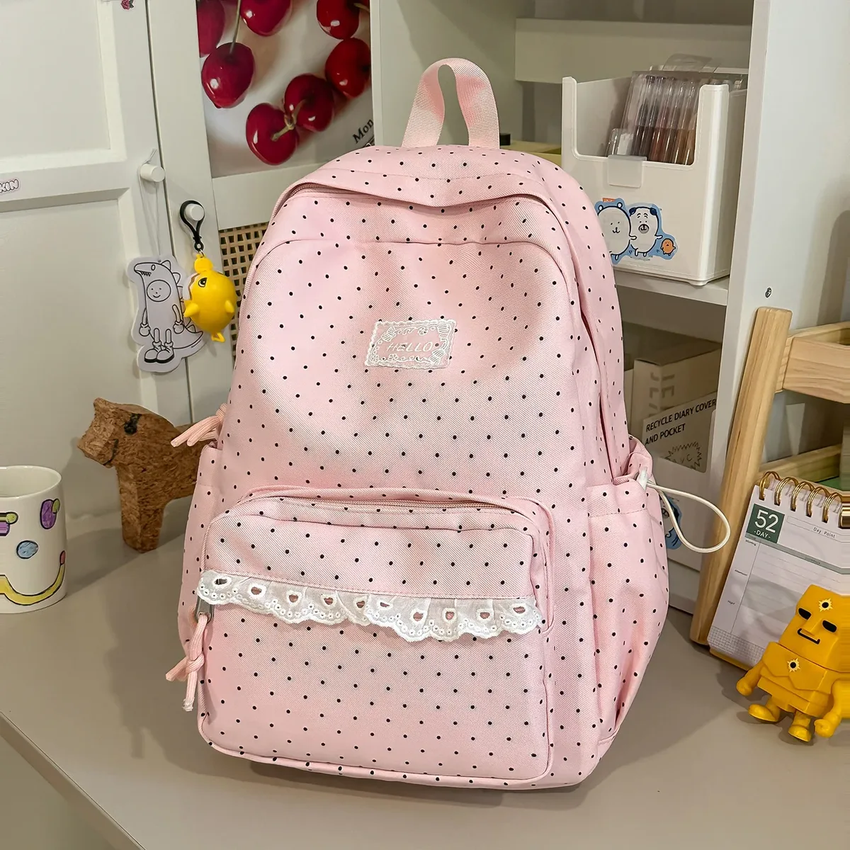 sac à dos en nylon style preppy avec dentelle à pois, sac de voyage léger et décontracté pour étudiante, idéal pour les trajets quotidiens