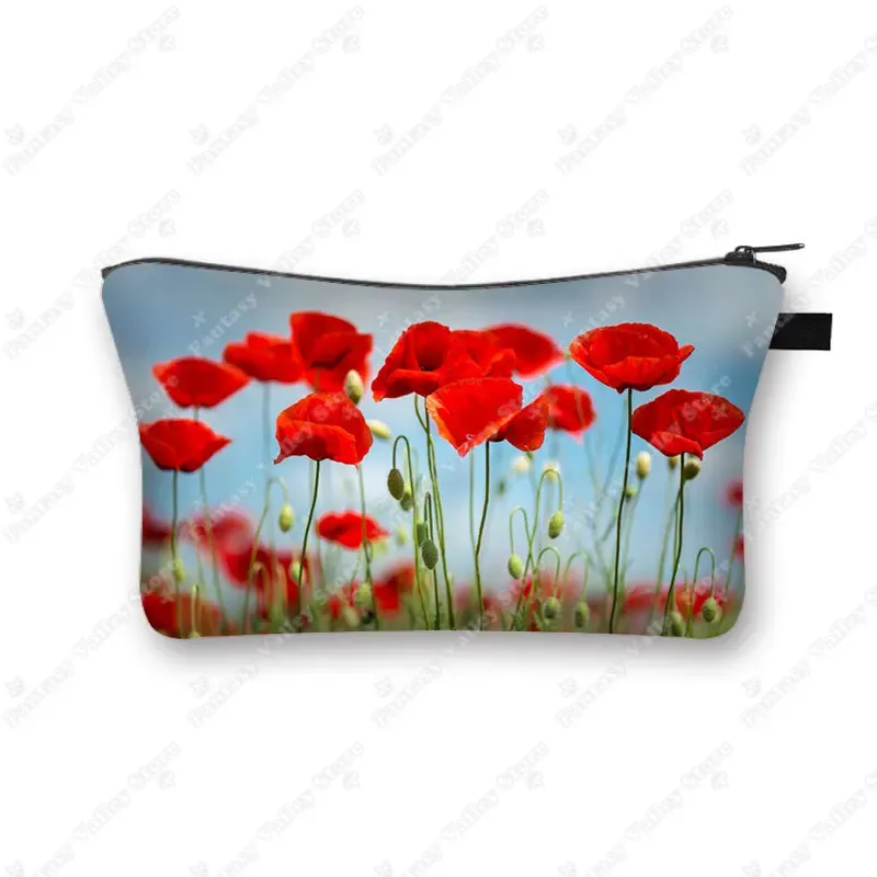 belle trousse à cosmétiques à imprimé de coquelicot rouge pour femmes, petite pochette, organisateurs d'articles de toilette, sacs à cosmétiques hip hop, trousse de maquillage mignonne