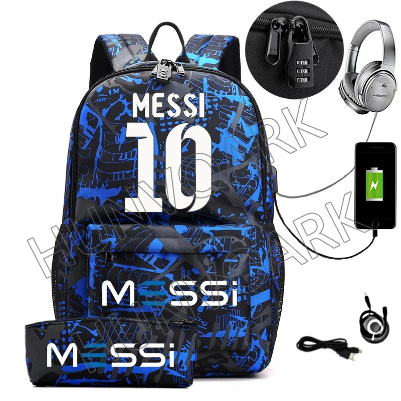 2 pièces messi sac à dos an-ti lock usb femmes hommes capacité adolescents sacs d'école pour ordinateur portable décontracté lycéens mochilas