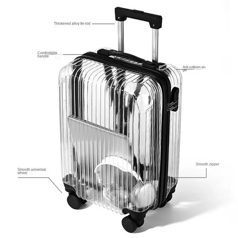 valise à main transparente pour pc, ultra légère, valise de cabine de 20/24 pouces, sac de voyage à la mode sur roulettes