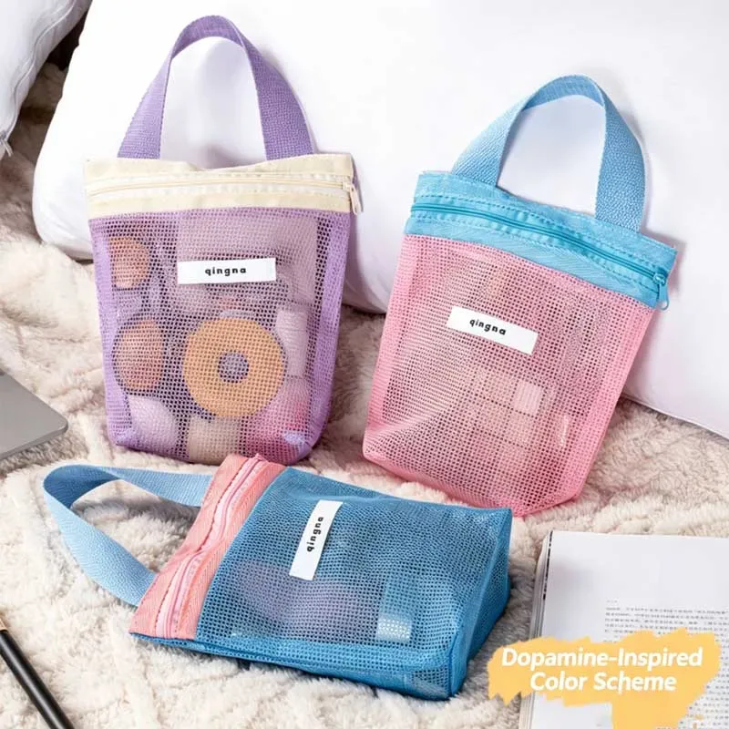 sac à cosmétiques portable en maille multicolore, pochette de rangement transparente pour voyage