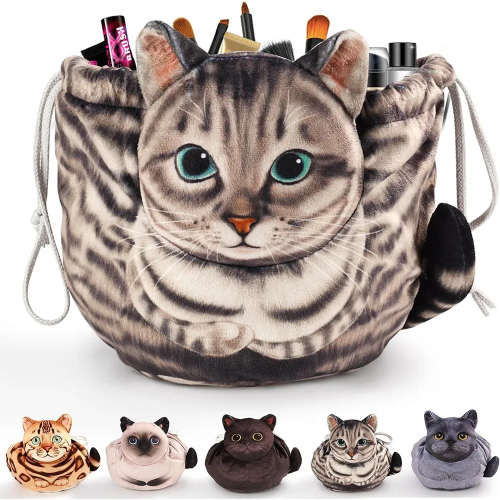 trousse de maquillage à cordon en forme de chat, sac à cosmétiques portable de grande capacité pour femmes, organisateur de voyage, sac de rangement, pochette de soins de la peau