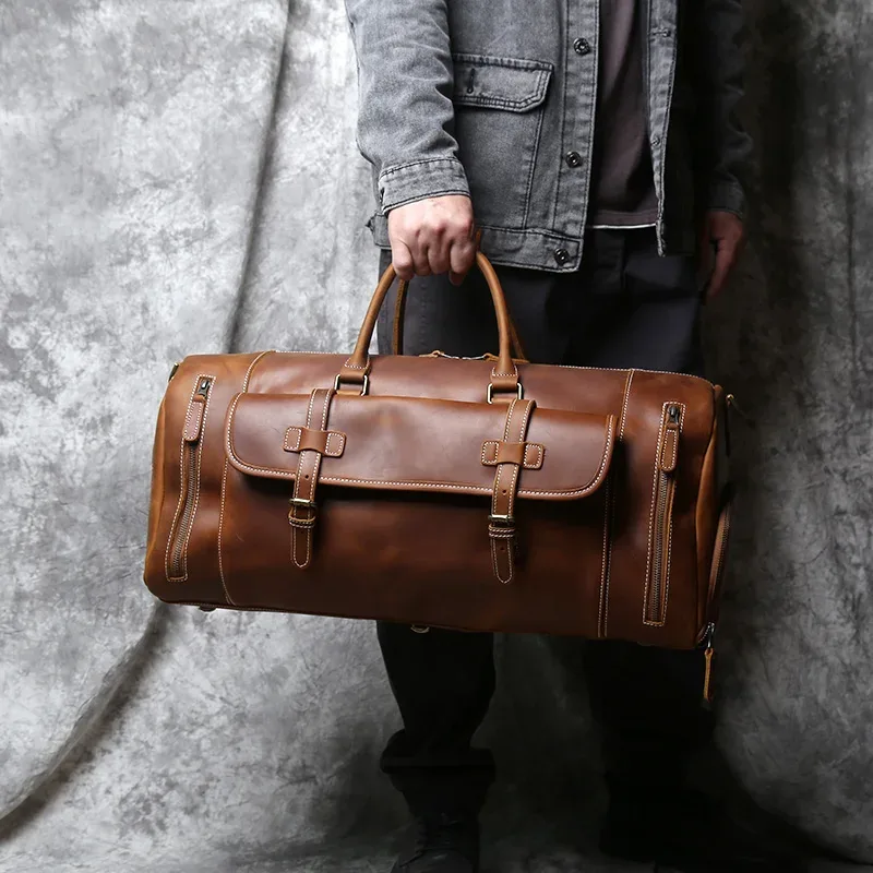 sac de voyage vintage en cuir véritable pour hommes, sac polochon en cuir de cheval fou, grande capacité, couche supérieure en peau de vache, sac à bandoulière nzpj