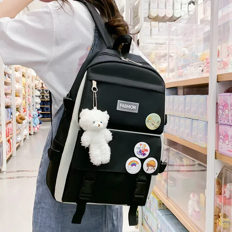 5 pièces kit sac à dos femme mode dame haute capacité étanche collège à la mode filles sacs d'école pour ordinateur portable mignon fille voyage livre sac