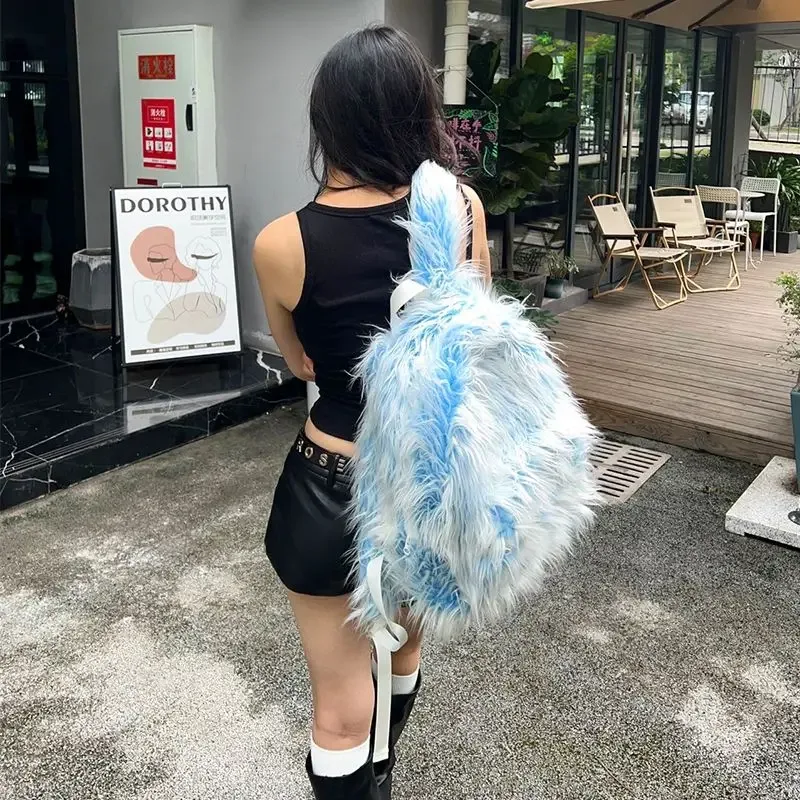 sac à dos en peluche blanc et bleu pour homme et femme, monstre de neige, glace, mode populaire, street hip hop, y2k, outdoor