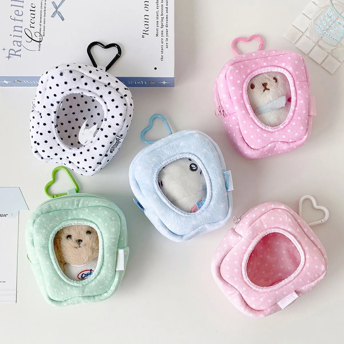 Sac de rangement Y2K tendance coréenne, couleur unie, à pois, pour poupées, mignon, pour filles, avec bouton cœur pomme, sac de présentation, pendentif décoratif, cadeaux