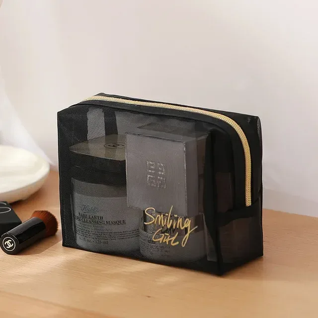 sac à cosmétiques en maille noire pour femmes, petit grand trousse de toilette et de maquillage, boîte transparente, organisateur de pinceaux de cosmétiques de voyage