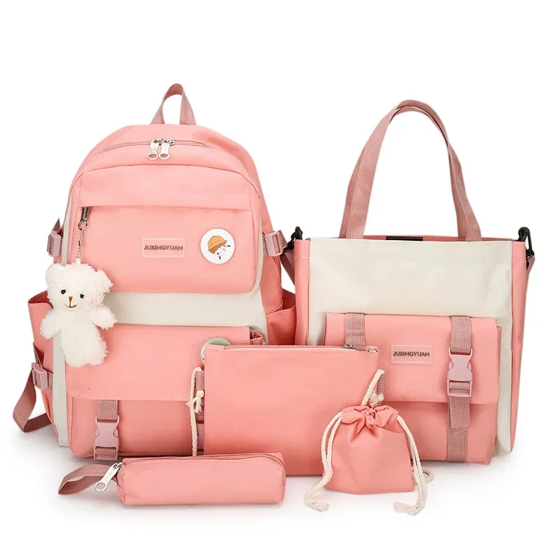 sac à dos d'école multifonction pour fille, ensemble combiné de 5 pièces, mode coréenne mochila kawaii, grande capacité, violet, rose, 2024