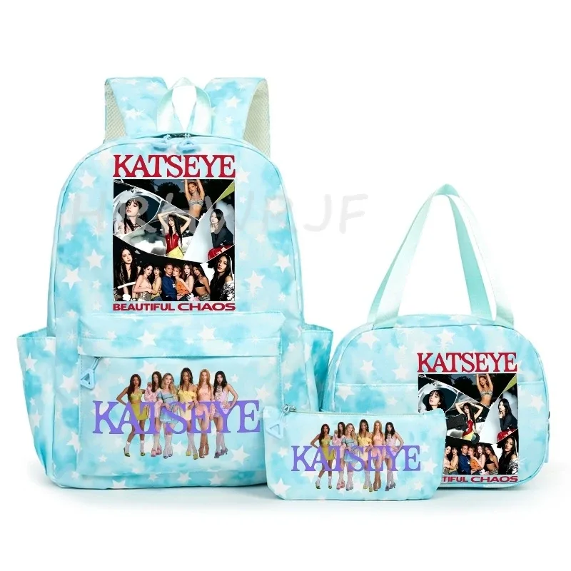 sac à dos katseye à thème musical, 3 pièces, imprimé étoiles roses, cartable amusant pour adolescents, étudiants, femmes, sac à dos pour ordinateur portable, sac de voyage mochila