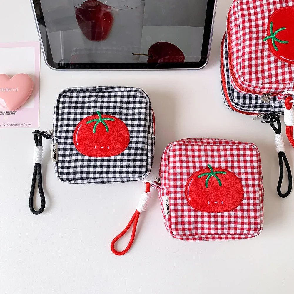 sac de rangement portable pour serviettes hygiéniques à motif quadrillé tomate pour femme, trousse de maquillage avec fermeture éclair, porte-tampons pour sac à main