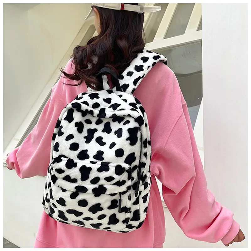 sac à dos léopard en peluche, sac d'école pour adolescents, grande capacité, mode étudiants, sac à dos élégant à bandoulière pour voyage en plein air