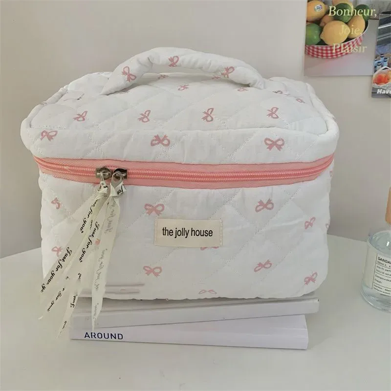 mode cerise fourre-tout femmes sac de maquillage portable mignon dames cosmétique toilette pochette de rangement sac à main coton matelassé sac à fermeture éclair