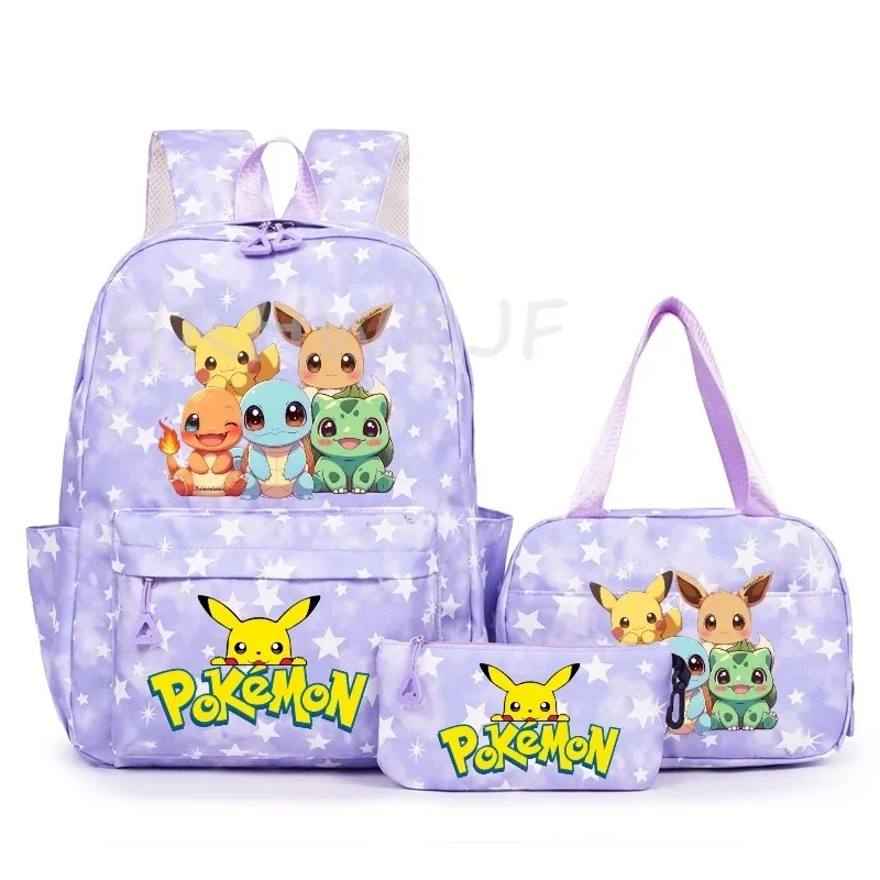 sac à dos pikachu de dessin animé pour femmes, 3 pièces, sacs d'école en nylon pour adolescentes, sac à dos de voyage pour dames, sac à bandoulière
