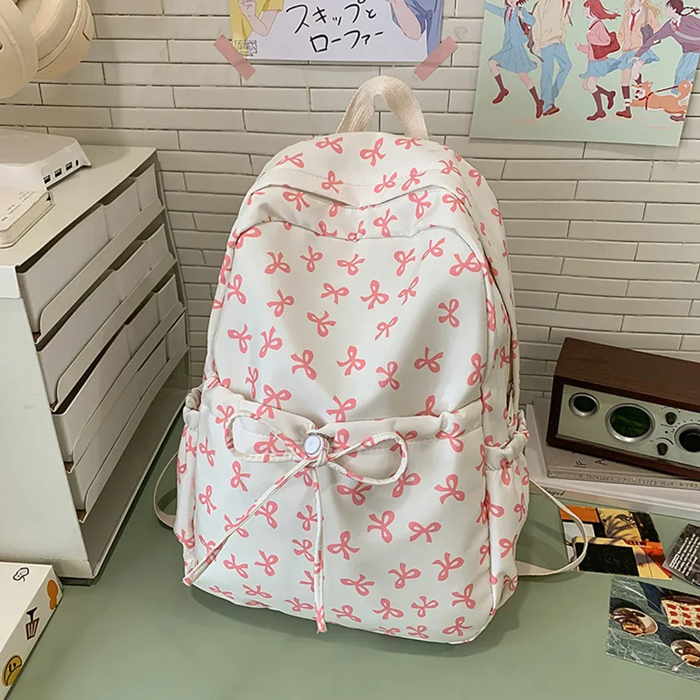 sac à dos mignon à nœud de grande capacité, sac d'école en nylon imprimé avec nœud, sac à dos de voyage à sangle réglable