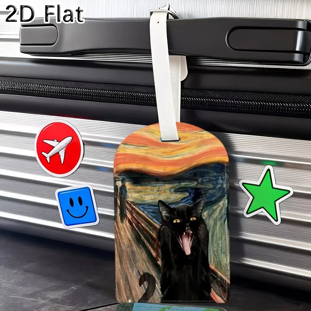 étiquette de bagage artistique avec motif de chat noir, identificateur de bagages de voyage pour valises, sacs, étiquette de bagage avec porte-carte nominative