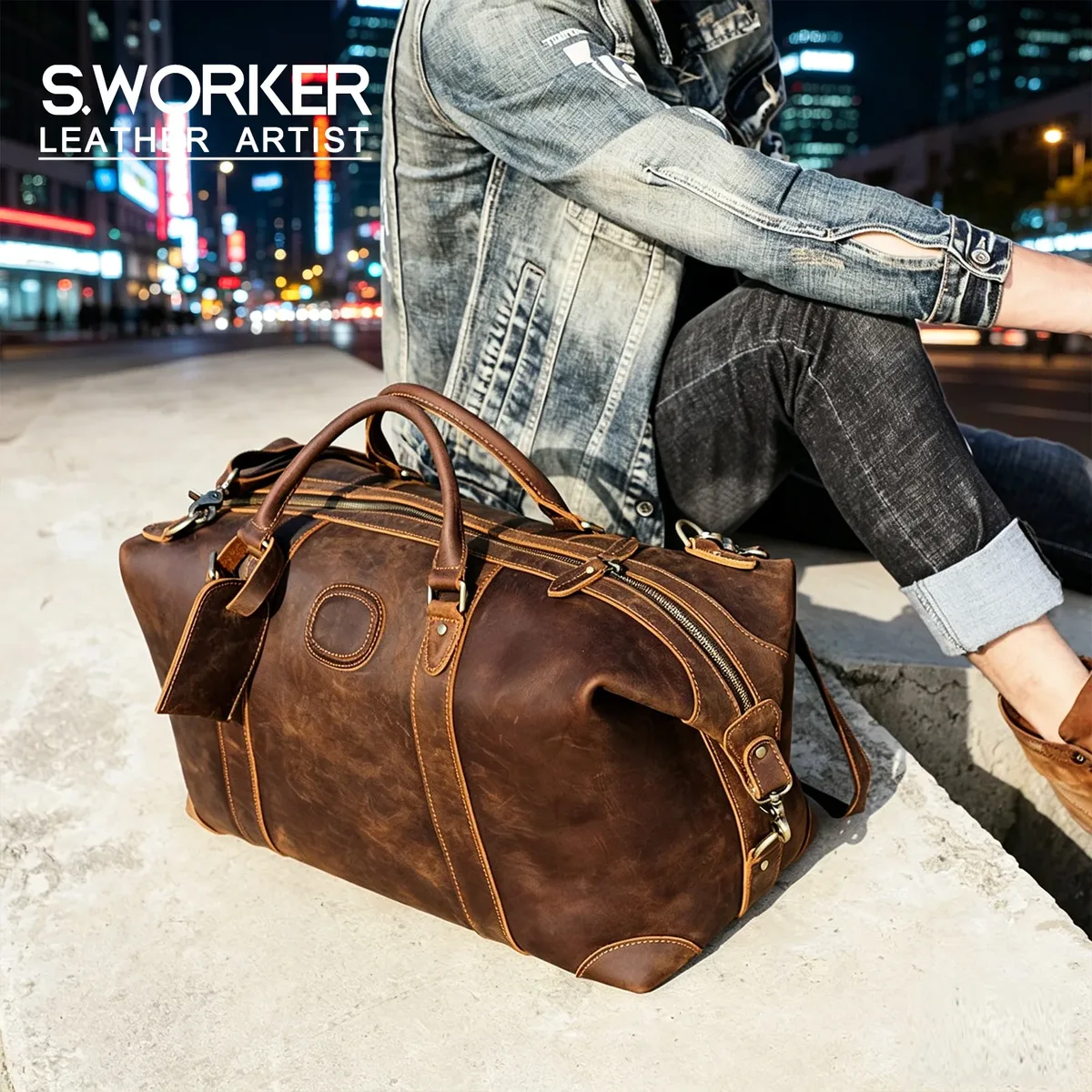 Sac de voyage en cuir pleine fleur S.WORKER Premium, style vintage, grand format, bagage à main en cuir véritable