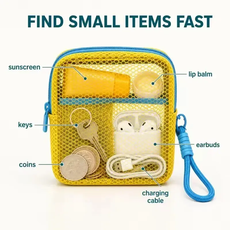 mini pochette en maille dopamine, étui carré coloré pour écouteurs, trousse à cosmétiques portable pour rouge à lèvres, organiseur de rangement respirant pour articles de toilette