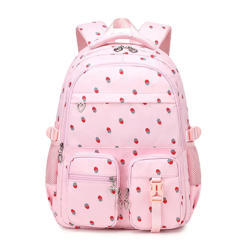 cartable étanche imprimé fraise, sac à dos de grande capacité, sac à bandoulière, sacs de voyage en nylon pour étudiant, sac d'école quotidien à fermeture éclair