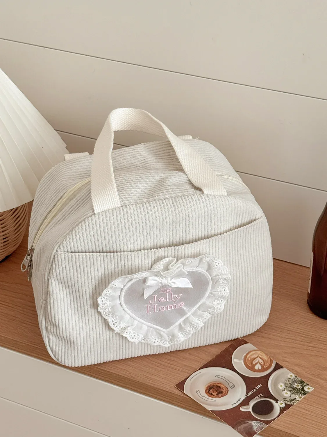 sac à main grande capacité yt commuting en velours côtelé avec dentelle et cœur, sac isotherme pour le déjeuner, nouveau sac de rangement pour étudiants et travailleurs