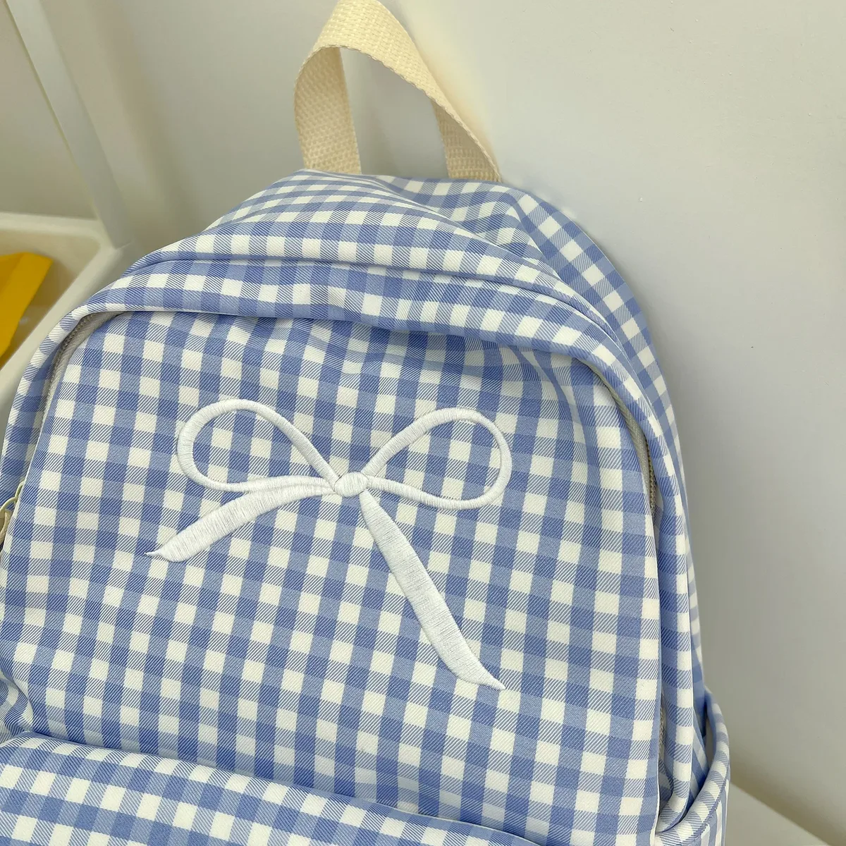 sac à dos scolaire mignon pour étudiants, multi-poches, en nylon souple, style preppy, motif quadrillé, avec nœud, pour livres, trajets quotidiens et travail