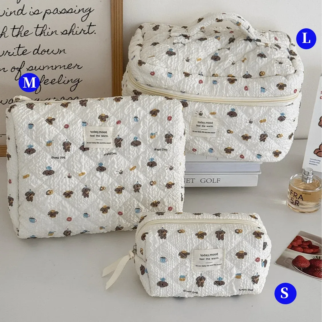 Ensemble de trousses de toilette matelassées à fleurs style YT Ins, en coton, pour organiser les cosmétiques, sacs de voyage pour articles de toilette, comme cadeau pour filles