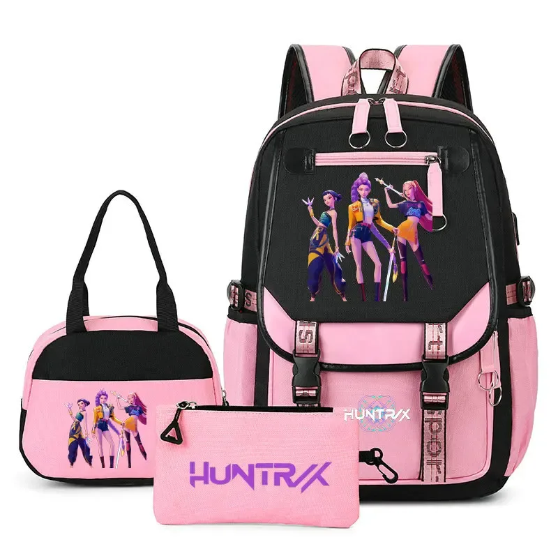 sac à dos kpop demon hunter pour adolescents, cartable de grande capacité, 3 pièces/ensemble avec sac à lunch pour femmes, étudiants, décontracté, confortable, pour voyage, mochilas