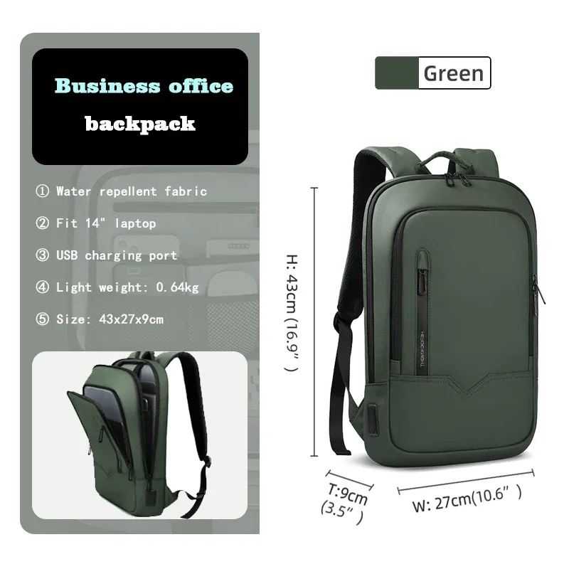hcankcan-sac à dos mince pour homme, sacoche pour ordinateur portable 14 pouces, business, multifonctionnel, étanche, école, unisexe, décontracté, voyage, noir