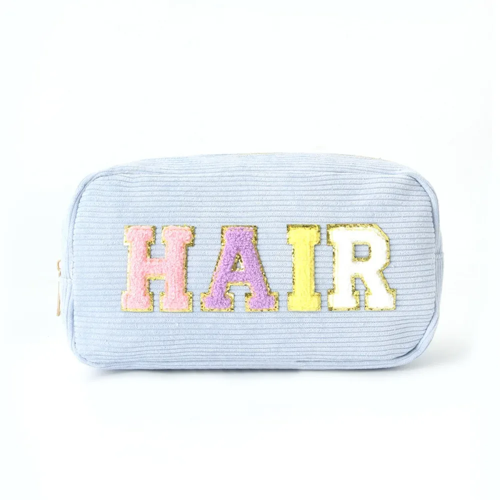 sac de rangement en velours côtelé rose beige bleu violet broderie lettre sac de voyage maquillage grande capacité organisateur de rouge à lèvres femmes filles