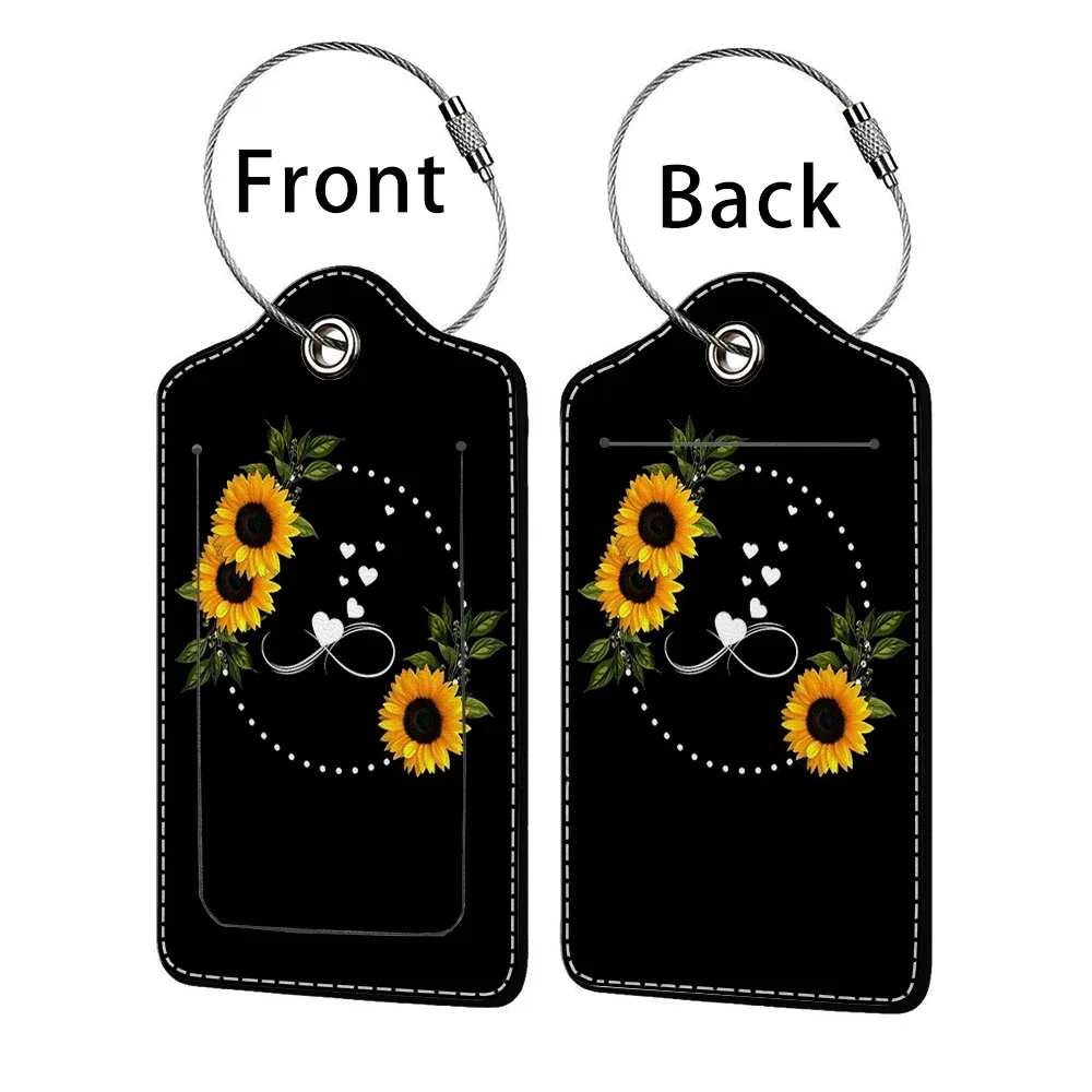 étiquette de bagage d'affaires en cuir estampillé tournesol, étiquette d'adresse de valise, étui d'embarquement de bagages, clip d'adresse d'identification de nom
