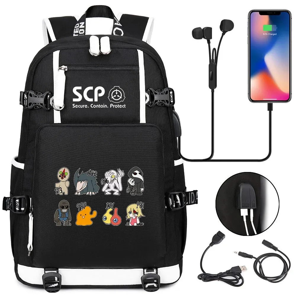 sac à dos scp foundation cartable noir, sacs d'école de dessin animé pour enfants adolescents, sac à dos de voyage scp, sacs initiés par ordinateur portable usb