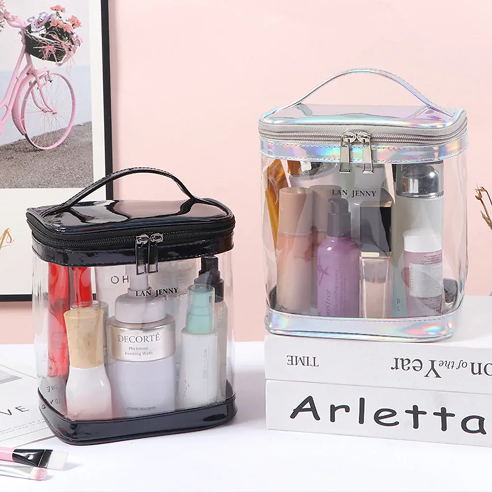 Pochette de maquillage transparente en PVC avec poignée, organiseur de cosmétiques de voyage transparent, trousse de toilette imperméable approuvée par la TSA