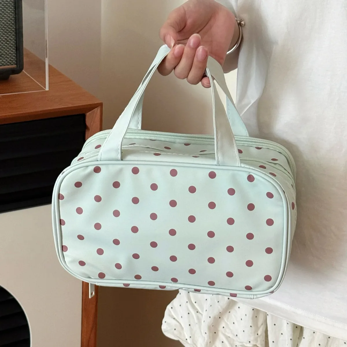 trousse de maquillage vert menthe à pois, grande capacité, compartiment à trois couches, sac de rangement étanche