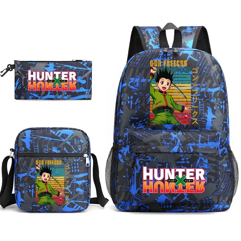 sac à dos d'étudiant imprimé hunter x hunter, sac à bandoulière décontracté, trousse à crayons, ensemble 3 en 1 pour garçons et filles, école
