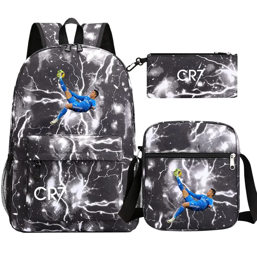football star cr7 3 pièces garçon fille retour à l'école livre sacs, étudiant sac à bandoulière porte-crayon sac à dos, adolescents mochila hommes femmes