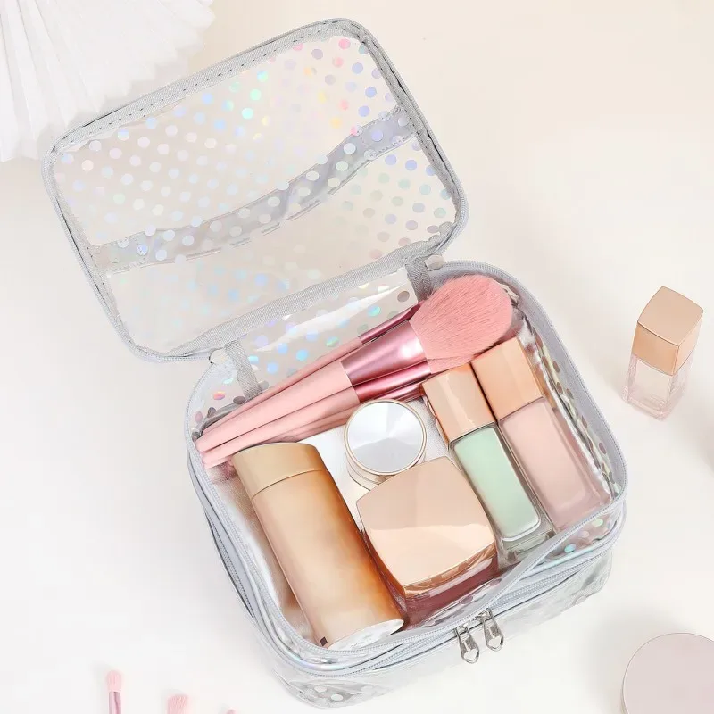 trousse de maquillage double couche en pvc transparent à pois, trousse de maquillage multifonctionnelle portable et étanche, grande capacité, rangement de voyage