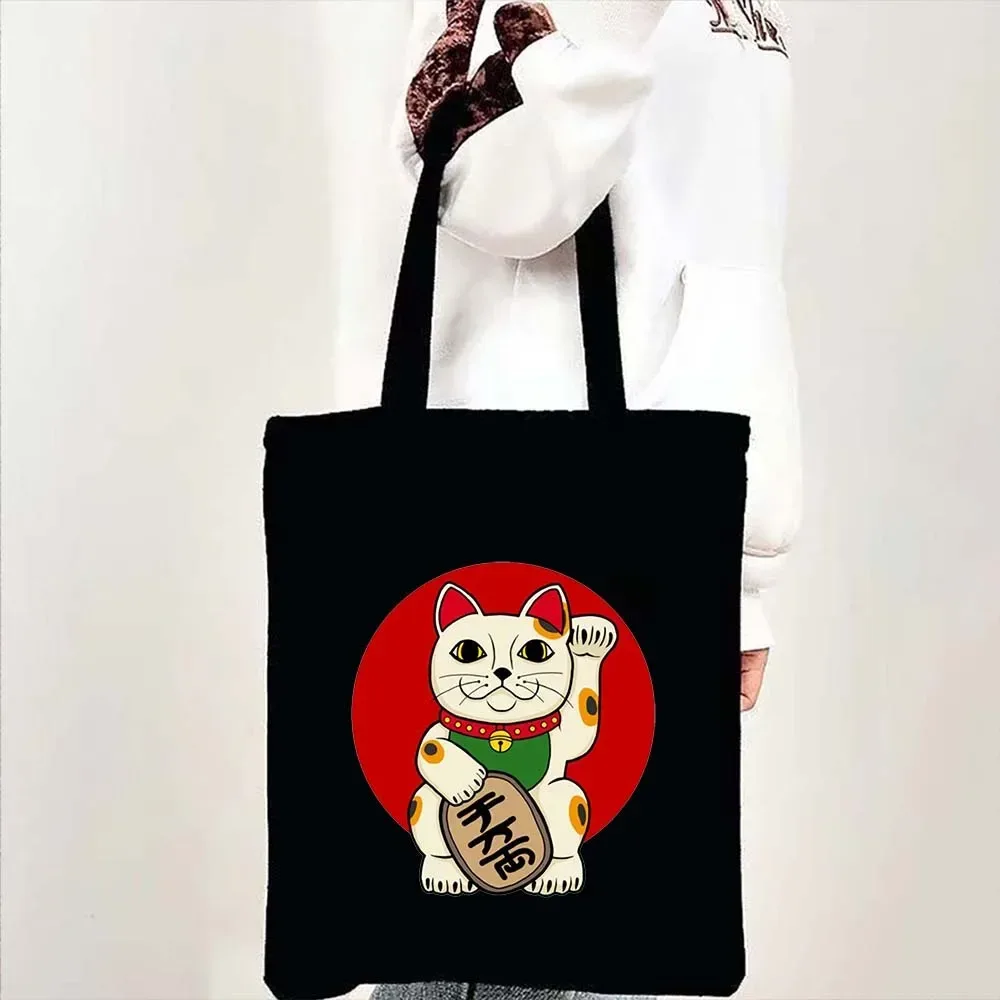 sac fourre-tout en toile à bandoulière pour le shopping, motif maneki neko, chat porte-bonheur japonais mignon, style mont fuji, style japonais, geisha de kyoto, tokyo japon