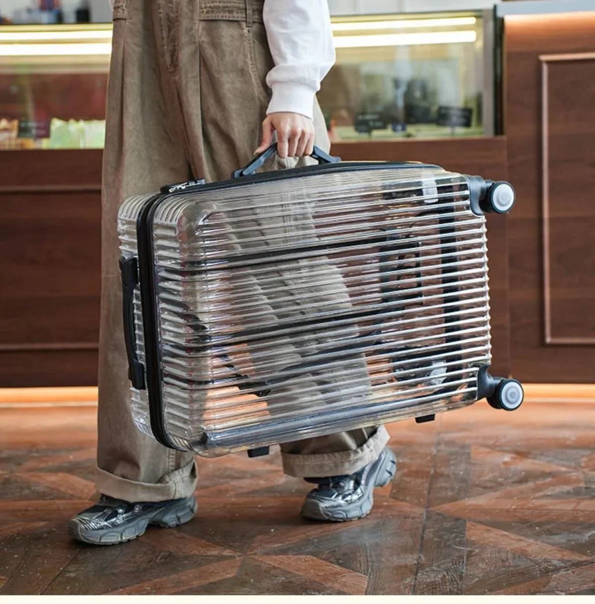 valise à main transparente pour pc, sac de chariot à bagages de cabine de 20 pouces sur roues, bagages roulants à la mode