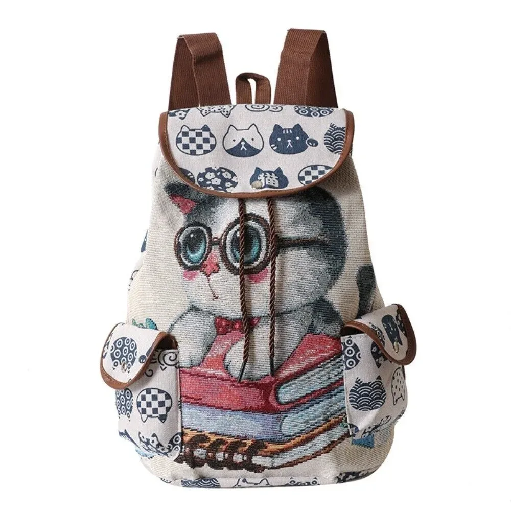 sac à dos décontracté en toile brodé style ethnique jacquard avec motif éléphant et hibou, sac seau à cordon pour la plage