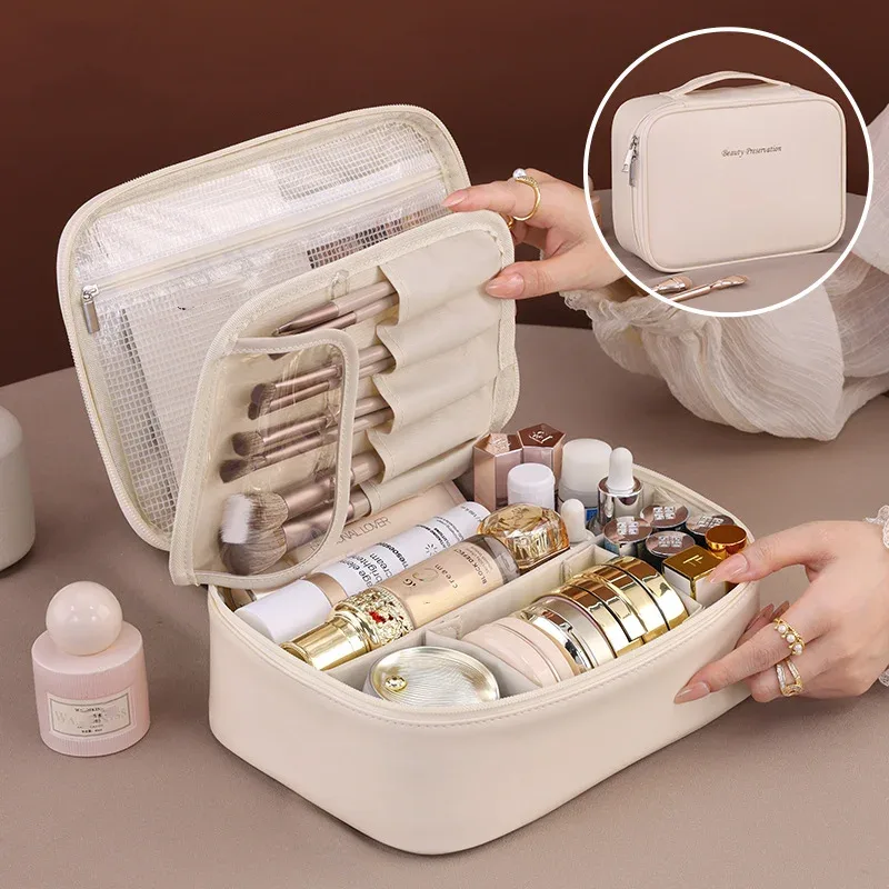 trousse de maquillage pour femmes, sac cosmétique à double compartiment, grande capacité, sac de rangement portable, organisateur de voyage, trousse de toilette imperméable