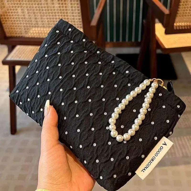 trousse de maquillage à pois avec fermeture éclair en perles, pochette cosmétique douce avec doublure, sac de 