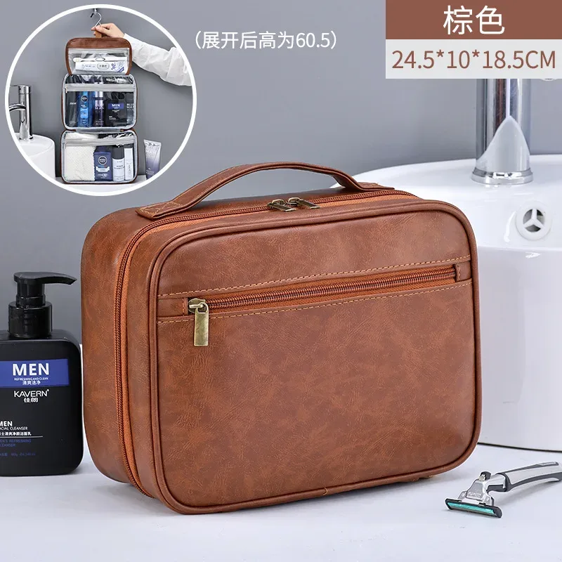 sac de rangement portable en cuir pu pour hommes et femmes, sac de rangement d'affaires à fermeture éclair, organisateur de produits de toilette, sac à cosmétiques de voyage, pochette de lavage étanche suspendue