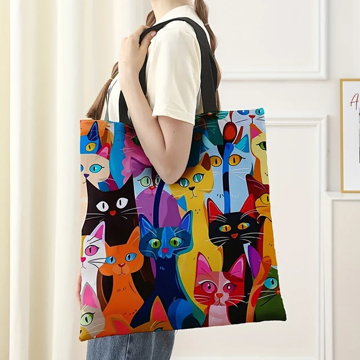 Sac à main décontracté imprimé chaton coloré, sac à dos réutilisable à la mode, sac à main multifonctionnel, sac de courses imprimé 40x40cm