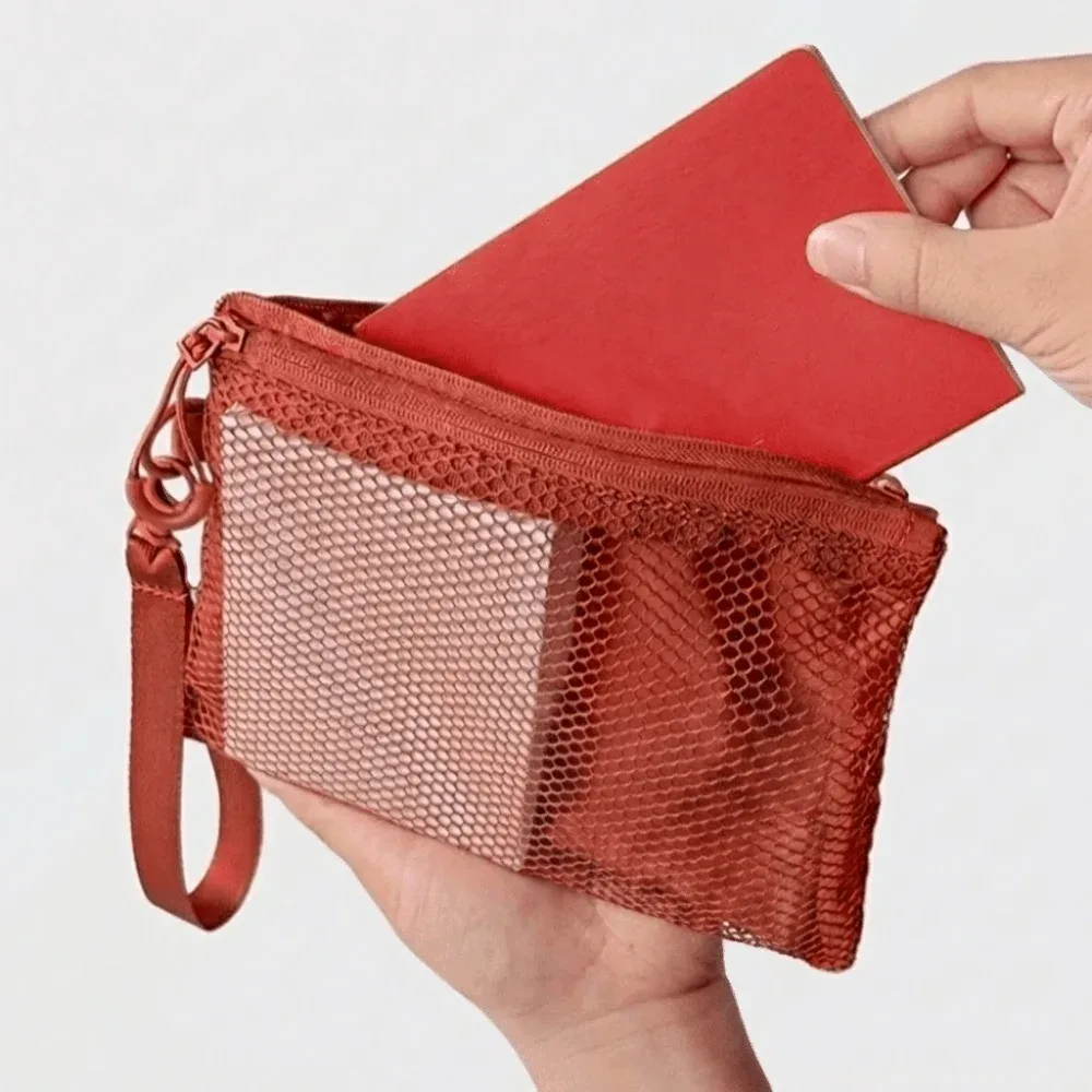 sac de rangement léger en maille, sac cosmétique en polyester de couleur unie avec fermeture éclair, porte-monnaie multifonctionnel, sac de rangement de voyage