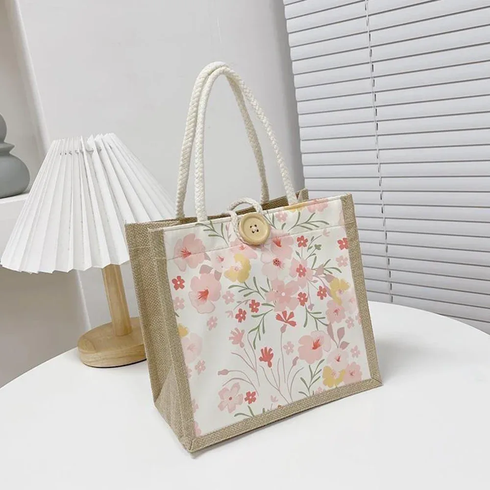 sac fourre-tout en lin avec fermoir à bouton, sac à lunch en poudre, sac fourre-tout, sac à main à bento, impression de fleurs mignonnes, sac à bento alimentaire pour pique-nique